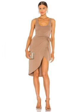 Lovers + Friends Kahlo Midi Dress Tan Jersey Side Tie Size S